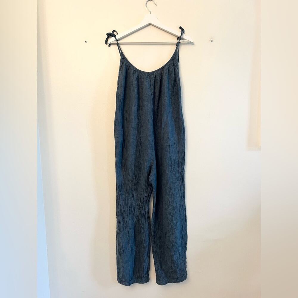 Meg shop 100% linen blue green jumpsuit lagenlook art to wear sleeveless artsy L